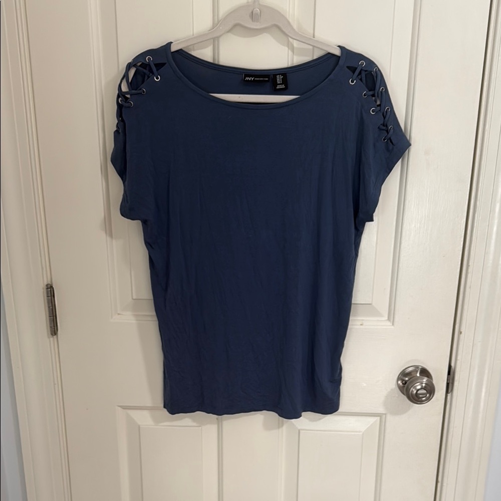 Jones New York Blue Short Sleeve Cut Out T-Shirt
